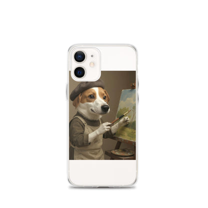 Clear custom pet portrait case on iPhone 12 mini, front view