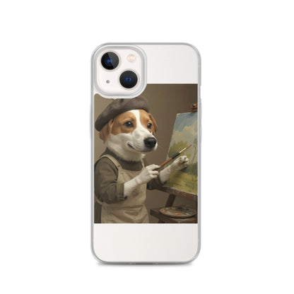 Clear custom pet portrait case on iPhone 13, front view