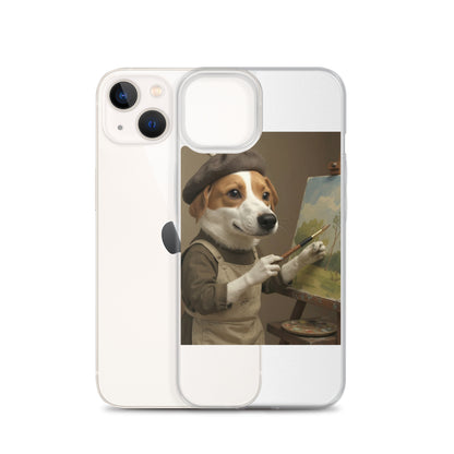 Clear custom pet portrait case beside iPhone 13