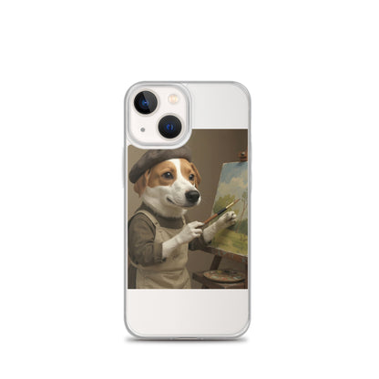 Clear custom pet portrait case on iPhone 13 mini, front view