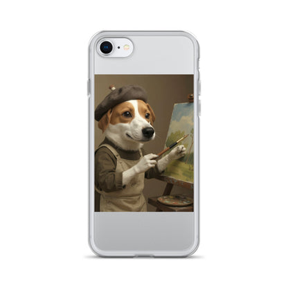Clear custom pet portrait case on iPhone SE, front view