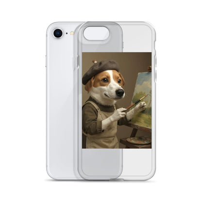 Clear custom pet portrait case beside iPhone SE