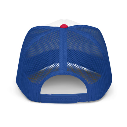 Custom pet portrait retro foam trucker hat, white/royal/red, mesh back view