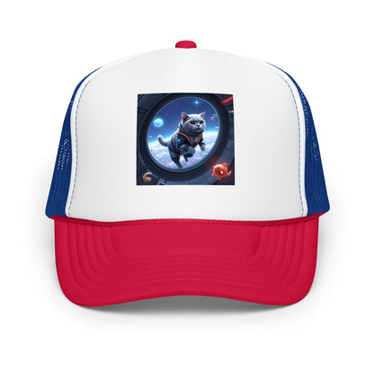 Custom pet portrait retro foam trucker hat, white/royal/red, front view