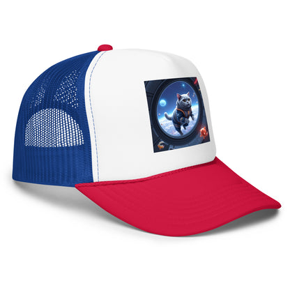 Custom pet portrait retro foam trucker hat, white/royal/red, angled front view