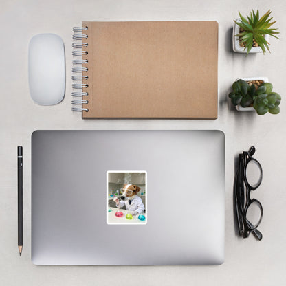 Custom pet portrait bubble-free sticker, 4″×4″, lifestyle photo