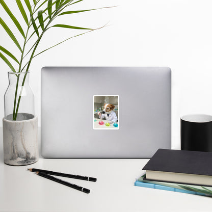 Custom pet portrait bubble-free sticker, 4″×4″, lifestyle photo on laptop