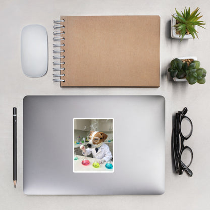 Custom pet portrait bubble-free sticker, 5.5″×5.5″, lifestyle photo