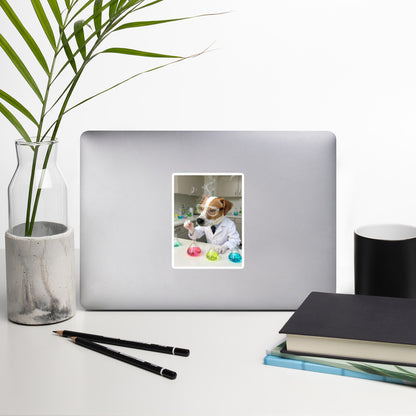Custom pet portrait bubble-free sticker, 5.5″×5.5″, lifestyle photo on laptop