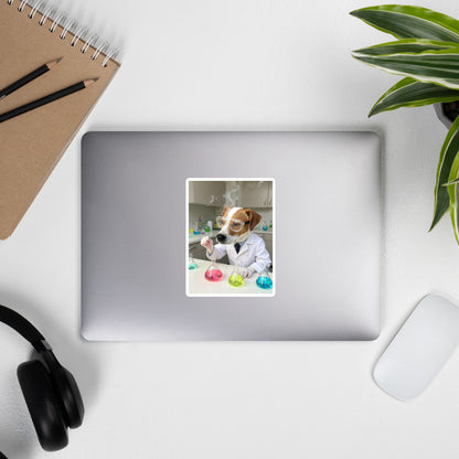 Custom pet portrait bubble-free sticker, 5.5″×5.5″, lifestyle photo on notebook