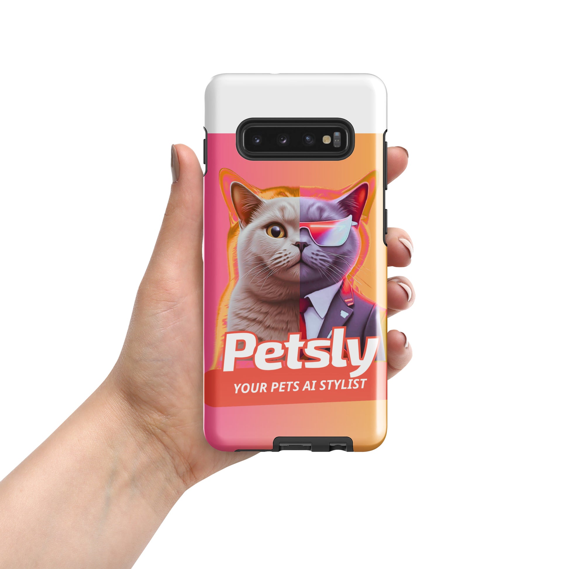 Tough custom pet portrait case for Samsung Galaxy S10+, glossy, front view