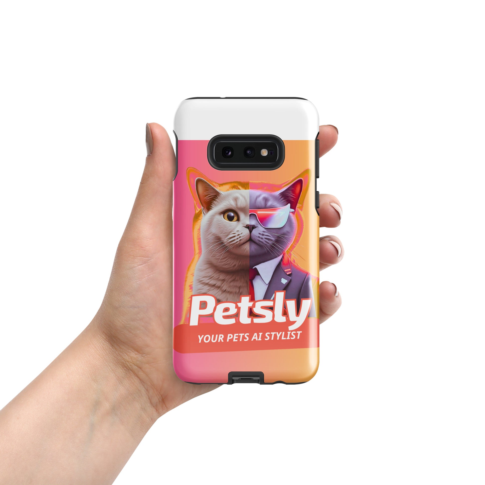Tough custom pet portrait case for Samsung Galaxy S10e, glossy, front view