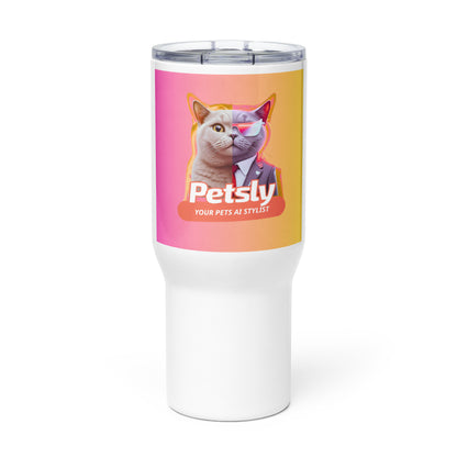 Custom pet portrait white travel mug with handle, 25 oz, front view
