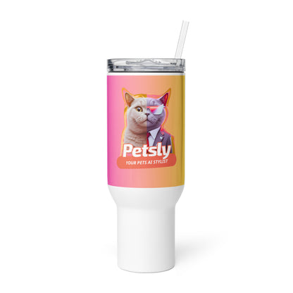 Custom pet portrait white travel mug with handle, 40 oz, front view
